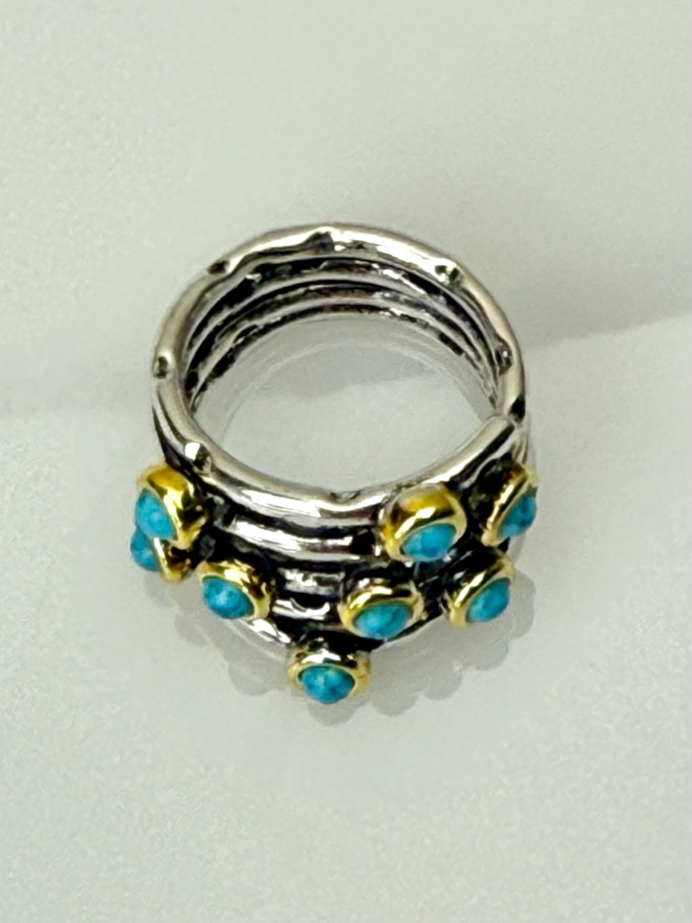 Turquoise Accent Silver & Gold Banded Ring - Picture 2 of 12